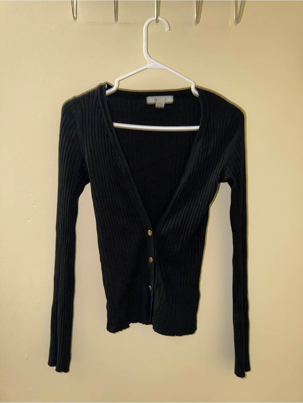 Revamped Black Ribbed V-Neck Button-Front Sweater